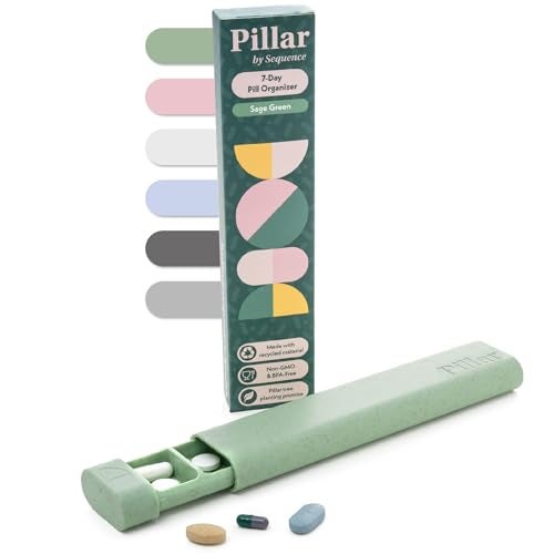 Pillar 7 Day Pill Organiser | BPA-Free Wheat Straw Medicine Organiser | Weekly Tablet Container | Aesthetic Medication Organizer Pill Box | Cute Travel Vitamin Case (Sage Green)